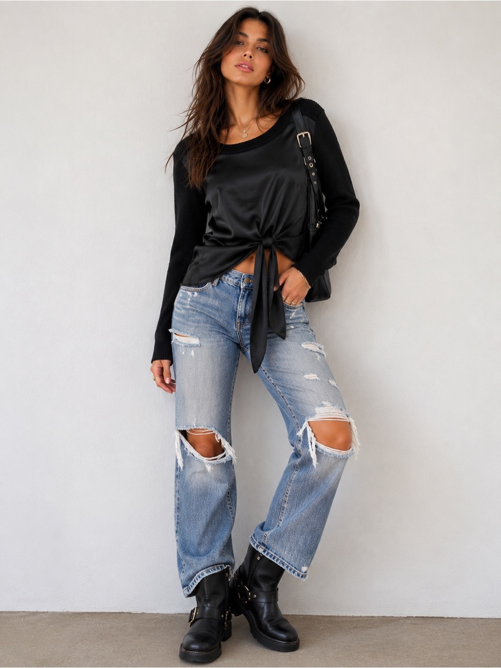 CAbi Black Satin-Front Boyfriend Sweater